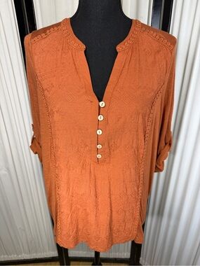 Democracy Burnt Orange Button-Front Embroidered Blouse